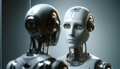 Futuristic robot with humanoid features gazing into a mirror, exploring concepts of AI and identity.