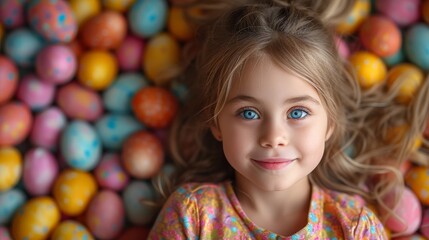 Fototapeta na wymiar A small girl with blue eyes stands before a mound of multi-colored eggs Her hair flutters in the wind