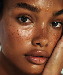 Portrait of beautiful natural black woman with dewy wet skin	