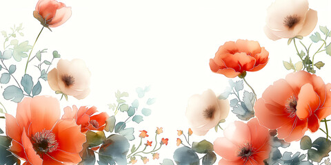 Vibrant Poppy Watercolor Border. A beautiful painting of a flower garden with a white background - obrazy, fototapety, plakaty
