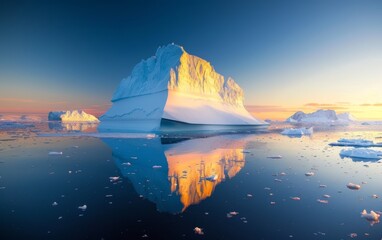 An iceberg bathed in the golden hues of the sunset reflects on the calm waters below, creating a serene mirror image amid floating ice.