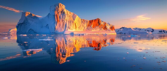 As the sun rises, it casts a warm glow on a solitary iceberg, standing tall against the crisp, early morning arctic sky.