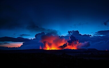 A volcanic eruption unfolds under a starlit sky, its fiery lava streams creating a dramatic contrast with the cool tones of the night.