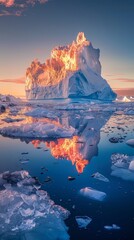 A towering iceberg glows under the enchanting light of dusk, its reflection on the water creating a symmetrical spectacle of natural grandeur.