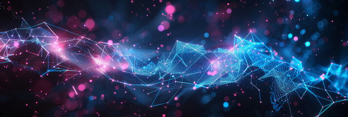 Fototapeta premium blue and pink abstract with digital connections and lines, dots representing digital binary data. Concept for big data, deep machine learning, artificial intelligence, business technology ,futuristic