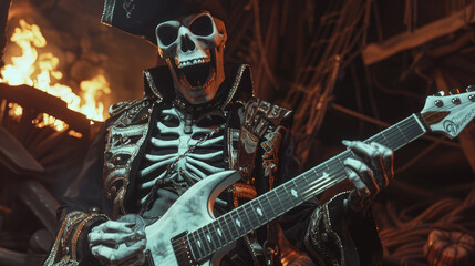 pirate skeleton playing guitar 1 - obrazy, fototapety, plakaty