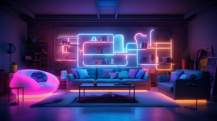 Interior of the room with neon lighting and sofa, waiting room ,futuristic room with neon lighting and modern design
