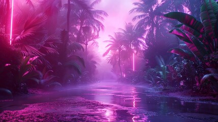 Electric neon outline in a lush jungle environment