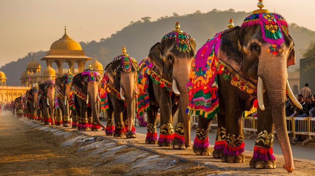 Endearing elephants in painted costumes parade at a large animal fashion extravaganza