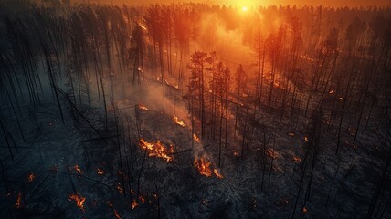 Drone view of wildfire aftermath next to untouched woodland - obrazy, fototapety, plakaty