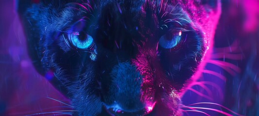 Neon Jungle Majesty: Behold the Mystic Panther with Blue Glow Eyes, a Spectacle of Wildlife Art in the Neon Jungle, Radiating Elegance and Predator Majesty