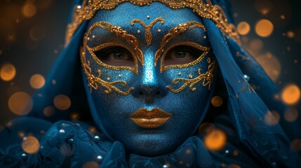   A tight shot of an individual donning a mask with blue and gold hues, topped with a blue veil