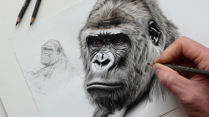 Gorilla Majesty: An Artistic Rendition in Pencil. Generative AI