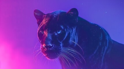 Enigmatic Predator: Encounter the Mystic Panther's Blue Glow Eyes in the Neon Jungle, a Captivating Display of Wildlife Art that Exudes an Aura of Mystery and Elegance