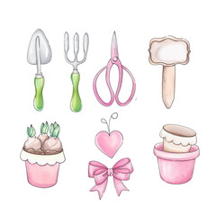Watercolor garden tools clipart. Set of inventory for gardener. Springtime art for print and fabric designs