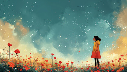 Whimsical minimalist illustration: Woman, success, mysticism - flowers, butterflies, moon, stars.generative ai