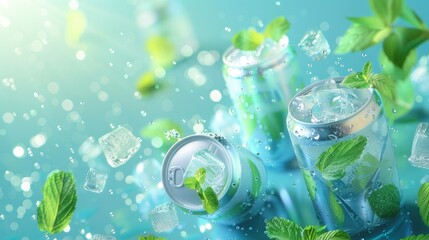 Abstract refreshing drink in 3D cans with mint leaves and ice, on a summer green background. Art design