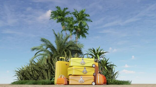 Travel background with a pile of luggage in a tropical setting, animated background