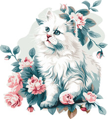 Cute Cat with Floral Wreath Vector Illustration