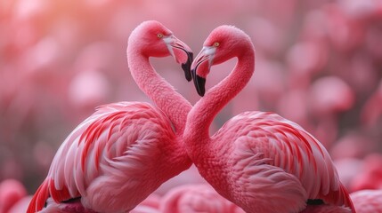   Two pink flamingos standing side by side in a field of flamingos, hearts shaped from intertwined necks