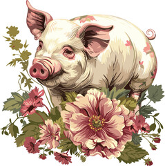 Adorable Pig with Floral flowers Vintage Vector Illustration