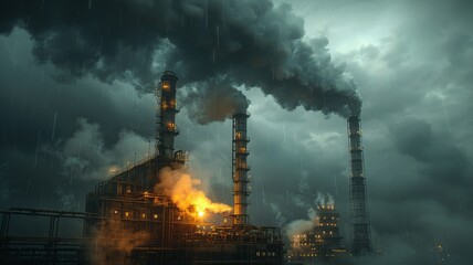 Industrial power plant emitting steam against stormy sky