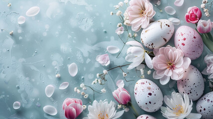 Festive border of painted pastel easter eggs with white decorations on light blue wooden table top view. Greeting card, banner format.. Beautiful simple AI generated image in 4K, unique.