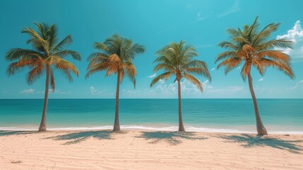   A line of palm trees atop a sandy beach, against a backdrop of a clear blue sky, and a body of water behind