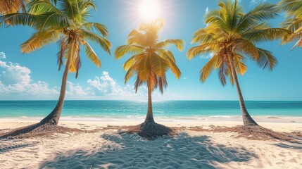   Three palm trees on a sandy beach Sun shines through clouds, casting golden light over ocean Ocean in the backdrop, waves gently lapping shore