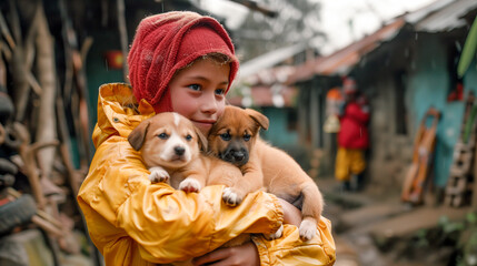 Girl wearing yellow jacket and a red cap, holds saved puppies in her arms. 