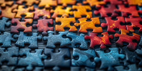 Assorted jigsaw puzzle pieces in various shapes and colors representing diversity and unity in a business concept. Concept Diversity, Unity, Business Concept, Jigsaw Puzzle Pieces, Assorted Colors