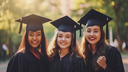 Student graduate at graduation. Students wearing caps and gowns holding diplomas in hand, outdoors at a university campus.