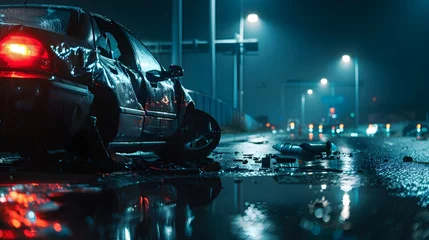 Fotobehang Damaged Car at Night with Emergency Lights Reflecting on Wet Pavement in Dramatic Urban Scene © pkproject