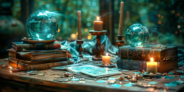 Witchcraft Ritual scene with Candles, Occult Library, Tarot cards and Crystal Balls. Divination and Magic Rituals of Walpurgis Night, Halloween or Equinox time