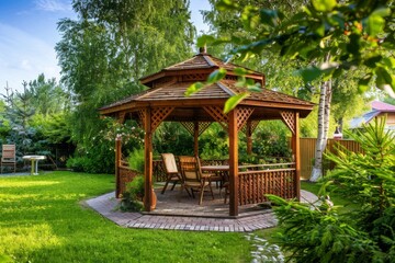 Wooden gazebo in lush backyard garden