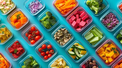Organized meal prep with colorful food compartments against a teal background - obrazy, fototapety, plakaty