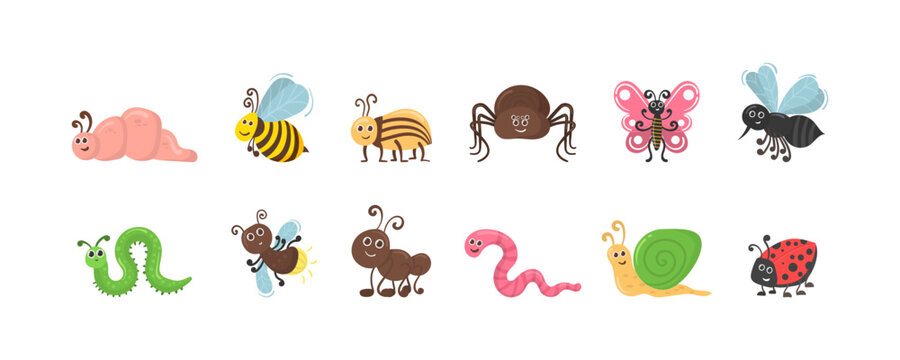 Cute cartoon bug worm funny doodle character in flat design. Set of kawaii insect isolated on white background. Funny caterpillar and butterfly, children bug, worm, mosquito and spider. Vector.