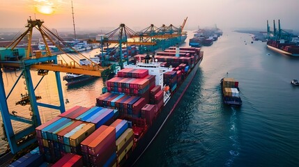 Bustling Global Maritime Container Port with Cargo Ships and Cranes in Scenic Sunset