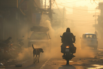 Chien et homme sur une moto dans la ville avec des nuages de fumée et de pollution - c'est difficile de respirer sur terre avec la pollution - obrazy, fototapety, plakaty
