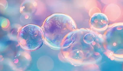 Foto op Plexiglas   Soap bubbles drift in air against a backdrop of blue and pink A hazy bubble image hovers above © Mikus