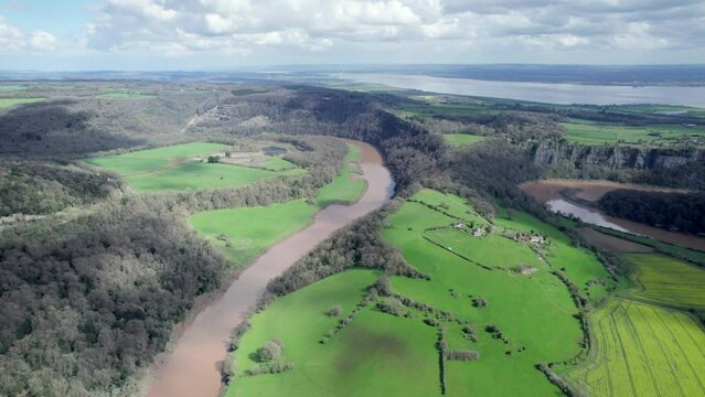 Amazing aerial panorama of Tintern Abbey, River Wye, and the nearby landscape.