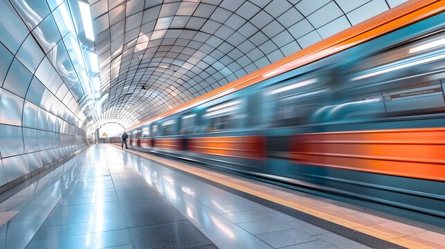 Futuristic Underground Metro Station with Blurred High-Speed Train Passing Through