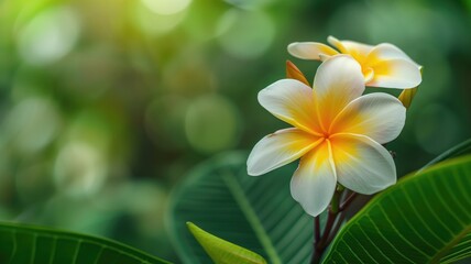 Close-up of a vibrant plumeria flower with green foliage.