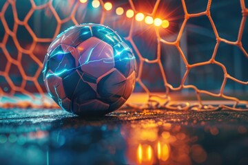 Closeup of a smart soccer ball glowing with energy, poised in front of a hightech goal - obrazy, fototapety, plakaty
