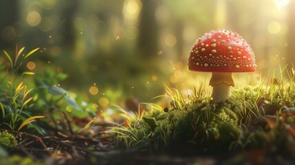 A vibrant red mushroom with white spots in a mystical forest. - obrazy, fototapety, plakaty