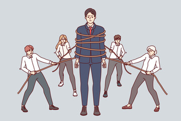 Teamwork of business people with ropes in hands, together creating strong colleague to solve corporate problems. Teamwork of men and women obtaining synergistic effect through coordinated actions