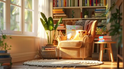 Cozy reading nook with plush armchair and children's bookshelf. - obrazy, fototapety, plakaty