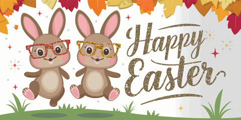 Obraz na płótnie Canvas Happy Easter greeting card with cute bunnies. Vector illustration.