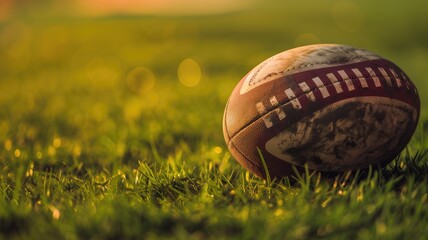 Weathered rugby ball on grass at sunset.