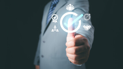 Check mark,Outsourcing global Recruitment HR Business, Global business structure of networking, HR recruitment and global outsourcing, Customer service, Teamwork, Technology and social network.